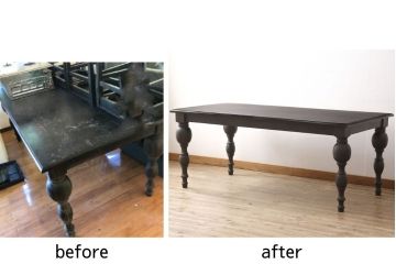テーブルを綺麗に再生!高品質リペアを施し、天板のひび割れ部分はパテ埋め。本体の色味に合わせて着色仕上げ。