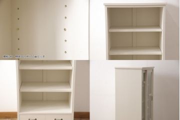 3段重ね桐箪笥をキャビネットとキッチンカウンターにリメイク!キャビネットは引き戸に透かし模様、モールガラスをはめ込み、内部は可動式タイプの棚板を設置。新たに引き出し2杯を製作。キッチンカウンターは引き出しにスライドレールを取り付け、天板には耐熱タイルとコンセントを設置。いずれもキャスターを取り付け、ペイント仕上げ。