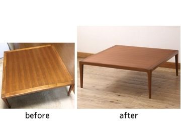 座卓を綺麗に再生!高品質リペアを施し、折れた脚1本を修復。天板の傷みを修理し、再塗装して仕上げ。