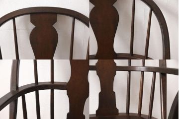 松本民芸家具のアームチェア4脚、スピンドルチェア1脚を綺麗に再生!高品質リペアを施し、スピンドルチェアのみペイントを剥離。キズが馴染むよう、必要に応じて着色・ワックス仕上げに。