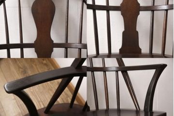 松本民芸家具のアームチェア4脚、スピンドルチェア1脚を綺麗に再生!高品質リペアを施し、スピンドルチェアのみペイントを剥離。キズが馴染むよう、必要に応じて着色・ワックス仕上げに。