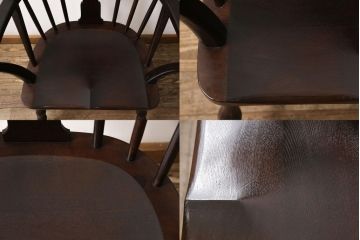 松本民芸家具のアームチェア4脚、スピンドルチェア1脚を綺麗に再生!高品質リペアを施し、スピンドルチェアのみペイントを剥離。キズが馴染むよう、必要に応じて着色・ワックス仕上げに。