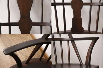 松本民芸家具のアームチェア4脚、スピンドルチェア1脚を綺麗に再生!高品質リペアを施し、スピンドルチェアのみペイントを剥離。キズが馴染むよう、必要に応じて着色・ワックス仕上げに。