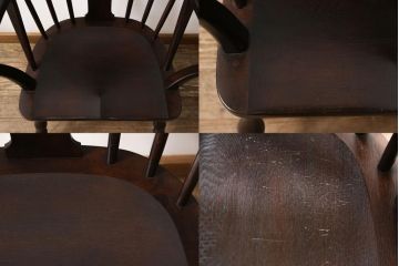 松本民芸家具のアームチェア4脚、スピンドルチェア1脚を綺麗に再生!高品質リペアを施し、スピンドルチェアのみペイントを剥離。キズが馴染むよう、必要に応じて着色・ワックス仕上げに。