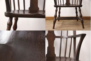 松本民芸家具のアームチェア4脚、スピンドルチェア1脚を綺麗に再生!高品質リペアを施し、スピンドルチェアのみペイントを剥離。キズが馴染むよう、必要に応じて着色・ワックス仕上げに。