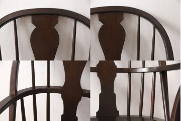 松本民芸家具のアームチェア4脚、スピンドルチェア1脚を綺麗に再生!高品質リペアを施し、スピンドルチェアのみペイントを剥離。キズが馴染むよう、必要に応じて着色・ワックス仕上げに。