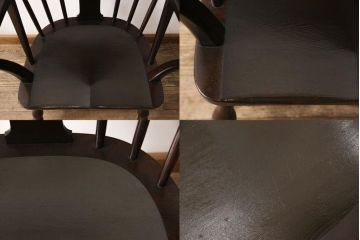 松本民芸家具のアームチェア4脚、スピンドルチェア1脚を綺麗に再生!高品質リペアを施し、スピンドルチェアのみペイントを剥離。キズが馴染むよう、必要に応じて着色・ワックス仕上げに。