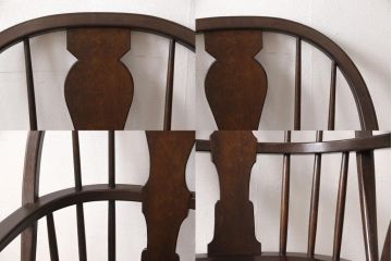 松本民芸家具のアームチェア4脚、スピンドルチェア1脚を綺麗に再生!高品質リペアを施し、スピンドルチェアのみペイントを剥離。キズが馴染むよう、必要に応じて着色・ワックス仕上げに。