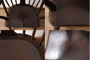 松本民芸家具のアームチェア4脚、スピンドルチェア1脚を綺麗に再生!高品質リペアを施し、スピンドルチェアのみペイントを剥離。キズが馴染むよう、必要に応じて着色・ワックス仕上げに。