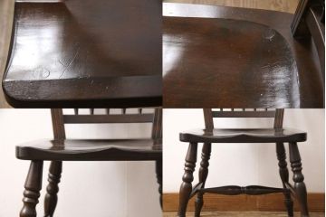 松本民芸家具のアームチェア4脚、スピンドルチェア1脚を綺麗に再生!高品質リペアを施し、スピンドルチェアのみペイントを剥離。キズが馴染むよう、必要に応じて着色・ワックス仕上げに。