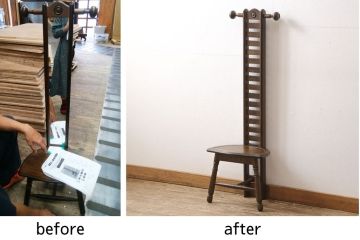 ミラー付きチェアをラダーバックチェアにリメイク!背もたれ部分の鏡を取り外し、横桟を設置。加工部分を本体に合わせて着色仕上げに。