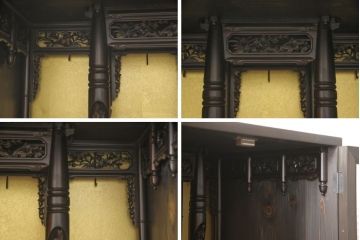 お仏壇を小型仏壇+チェスト、譜面台、小引き出しにリメイク!小型仏壇は指定サイズにリサイズし、扉にチェッカーガラスをはめ込み。チェストは鉄脚を取り付け脚付きチェストに。譜面台にはお仏壇のポール部分を活用。台板や脚はカバ材を使用にて。残った引き戸建具4枚は、小引き出しの引き出し前板に。4点とも元の色味に合わせ、黒に近い濃茶で仕上げ。