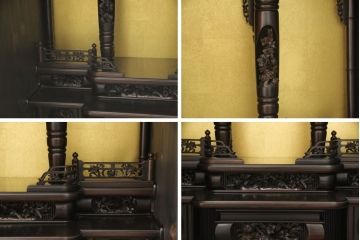 お仏壇を小型仏壇+チェスト、譜面台、小引き出しにリメイク!小型仏壇は指定サイズにリサイズし、扉にチェッカーガラスをはめ込み。チェストは鉄脚を取り付け脚付きチェストに。譜面台にはお仏壇のポール部分を活用。台板や脚はカバ材を使用にて。残った引き戸建具4枚は、小引き出しの引き出し前板に。4点とも元の色味に合わせ、黒に近い濃茶で仕上げ。