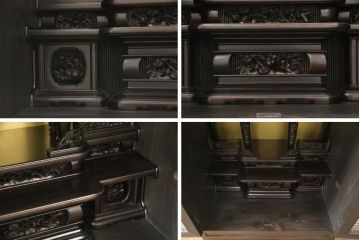 お仏壇を小型仏壇+チェスト、譜面台、小引き出しにリメイク!小型仏壇は指定サイズにリサイズし、扉にチェッカーガラスをはめ込み。チェストは鉄脚を取り付け脚付きチェストに。譜面台にはお仏壇のポール部分を活用。台板や脚はカバ材を使用にて。残った引き戸建具4枚は、小引き出しの引き出し前板に。4点とも元の色味に合わせ、黒に近い濃茶で仕上げ。