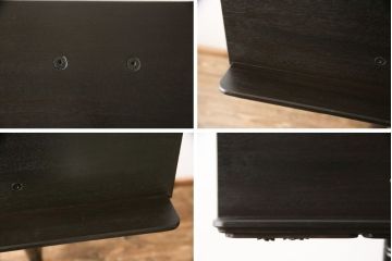 お仏壇を小型仏壇+チェスト、譜面台、小引き出しにリメイク!小型仏壇は指定サイズにリサイズし、扉にチェッカーガラスをはめ込み。チェストは鉄脚を取り付け脚付きチェストに。譜面台にはお仏壇のポール部分を活用。台板や脚はカバ材を使用にて。残った引き戸建具4枚は、小引き出しの引き出し前板に。4点とも元の色味に合わせ、黒に近い濃茶で仕上げ。