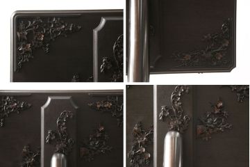 お仏壇を小型仏壇+チェスト、譜面台、小引き出しにリメイク!小型仏壇は指定サイズにリサイズし、扉にチェッカーガラスをはめ込み。チェストは鉄脚を取り付け脚付きチェストに。譜面台にはお仏壇のポール部分を活用。台板や脚はカバ材を使用にて。残った引き戸建具4枚は、小引き出しの引き出し前板に。4点とも元の色味に合わせ、黒に近い濃茶で仕上げ。