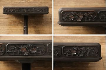 お仏壇を小型仏壇+チェスト、譜面台、小引き出しにリメイク!小型仏壇は指定サイズにリサイズし、扉にチェッカーガラスをはめ込み。チェストは鉄脚を取り付け脚付きチェストに。譜面台にはお仏壇のポール部分を活用。台板や脚はカバ材を使用にて。残った引き戸建具4枚は、小引き出しの引き出し前板に。4点とも元の色味に合わせ、黒に近い濃茶で仕上げ。