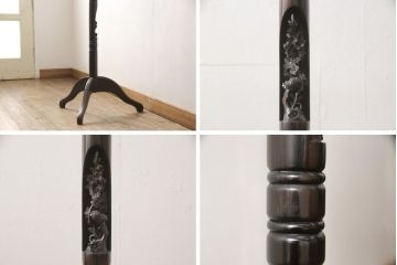 お仏壇を小型仏壇+チェスト、譜面台、小引き出しにリメイク!小型仏壇は指定サイズにリサイズし、扉にチェッカーガラスをはめ込み。チェストは鉄脚を取り付け脚付きチェストに。譜面台にはお仏壇のポール部分を活用。台板や脚はカバ材を使用にて。残った引き戸建具4枚は、小引き出しの引き出し前板に。4点とも元の色味に合わせ、黒に近い濃茶で仕上げ。