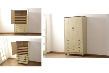 洋服箪笥をペイントリメイク!開き戸と引き出しの取っ手を交換し、鍵穴カバーを取り付け。脚を取り付けて、本体はモカベージュ、天板・脚をシナモンブラウンにペイント仕上げ。