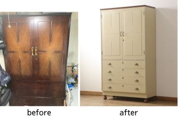 洋服箪笥をペイントリメイク!開き戸と引き出しの取っ手を交換し、鍵穴カバーを取り付け。脚を取り付けて、本体はモカベージュ、天板・脚をシナモンブラウンにペイント仕上げ。