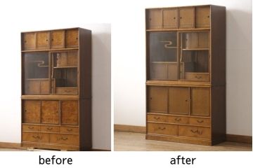茶棚を綺麗に再生!高品質リペアを施し、元のイメージを損なわないように建具を新規作成し交換。蜜蝋ワックス仕上げに。