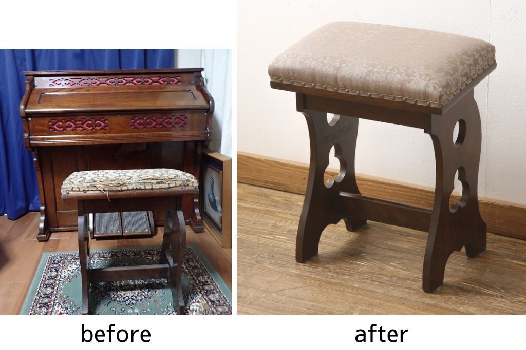 椅子を綺麗に再生!座面のクッション材を交換し、張地を張り替え。元の木色をベースに着色仕上げ。
