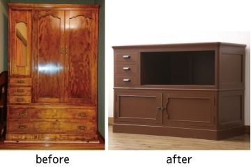 婚礼箪笥をローボードにリメイク!小さな引き出しの上部でカットし、天板を移設。引き出しの右側はオープン仕様に変更。下部は引き出しを撤去し、観音開きの扉を付けた収納に加工。シナモンブラウンにペイント仕上げ。