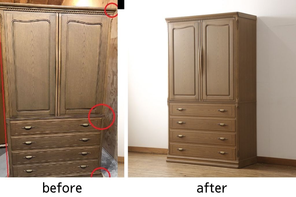 箪笥を綺麗に再生!高品質リペアを施し、天板と足元の幅を中央幅に合わせてカット。