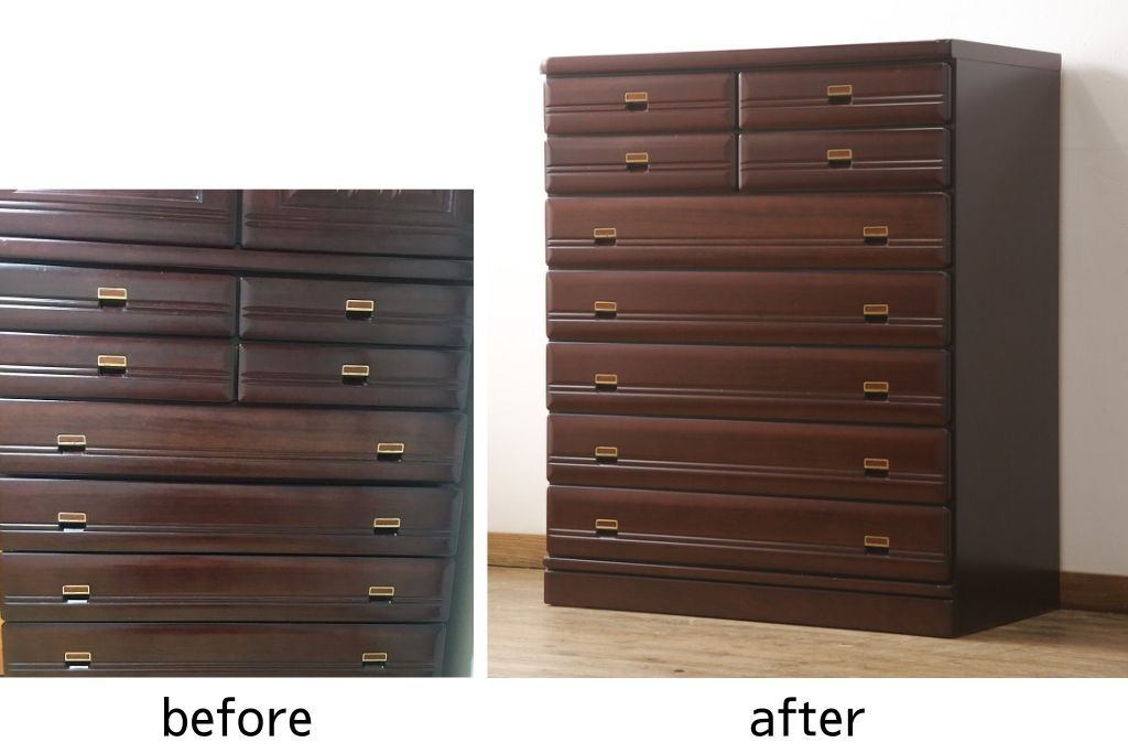 箪笥を綺麗に再生!高品質リペアを施し、本来の色味になるよう仕上げ。