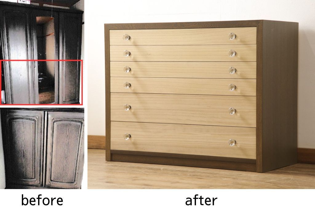 ワードローブとチェストを使って新たなチェストにリメイク!外側はワードローブを、内側はチェストの構造を使用。引き出しに取っ手を付けて、バイカラーに。