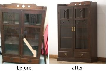 本箱を綺麗に再生!高品質リペアを施し、ガラスの破損部分はクリアガラスに交換。取っ手を交換して、本体の色味に合わせて仕上げ。