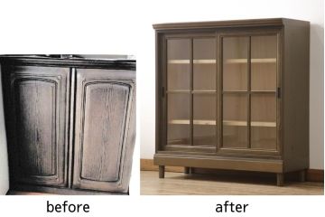 チェストをキャビネットにリメイク!開き戸をガラス入りの引き戸に交換。内部に可動式の棚板を設置。