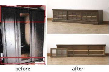 ワードローブとチェストをテレビボードにリメイク!内部に可動式の棚板を設置し、引き戸には模様入りのガラスを使用。新材は元の材に合わせた色味に仕上げ。