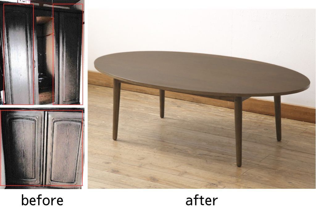 ワードローブとチェストの建具を使ってローテーブルにリメイク!それぞれの建具の板をつないで天板にし、脚を取り付け。新材は元の材に合わせた色味に仕上げ。