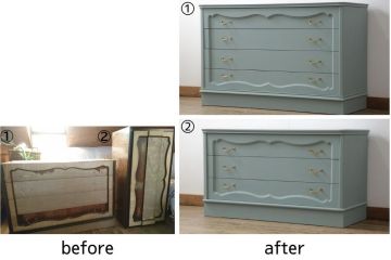 箪笥を2つのチェストにリメイク!ひとつはヒノキ無垢材の天板を取り付け、もう一方は台輪を付けてそれぞれチェストに。取っ手を付け替えて、淡い青緑にペイント仕上げ。