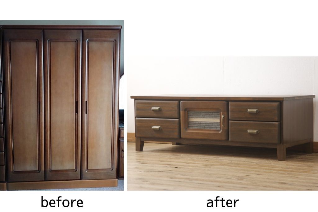 ワードローブをテレビ台にリメイク!左右に引き出しを2杯ずつ製作し、中央はガラス入りの開き戸仕様に。脚と天板を取り付け、本体に合わせた色味に。
