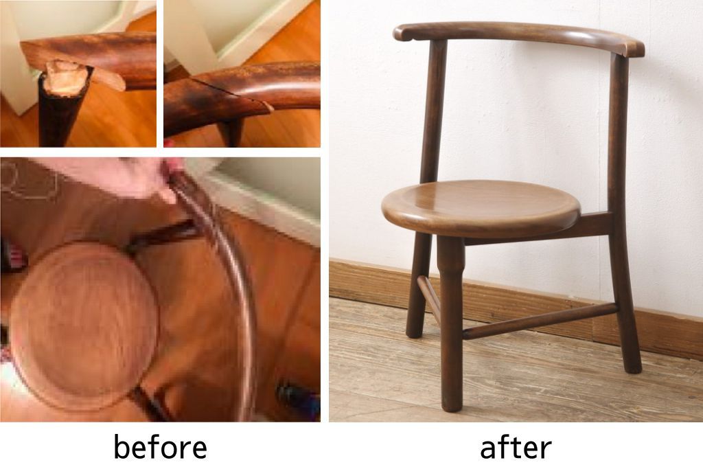 チェアを綺麗に再生!高品質リペアを施し、背もたれの破損部分を修理。ワックス仕上げ。