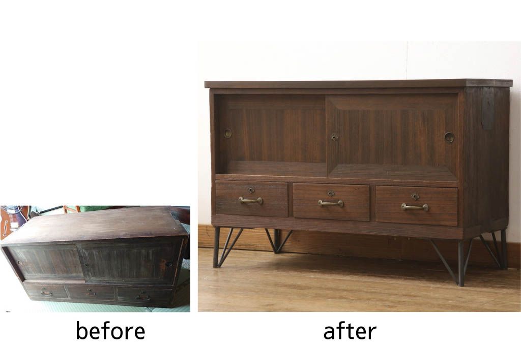桐箪笥をローボードにリメイク!引き出しは取っ手を取り替え、引き戸の背板は撤去。天板と鉄脚を取り付け、全体をオーク系でステイン仕上げ。