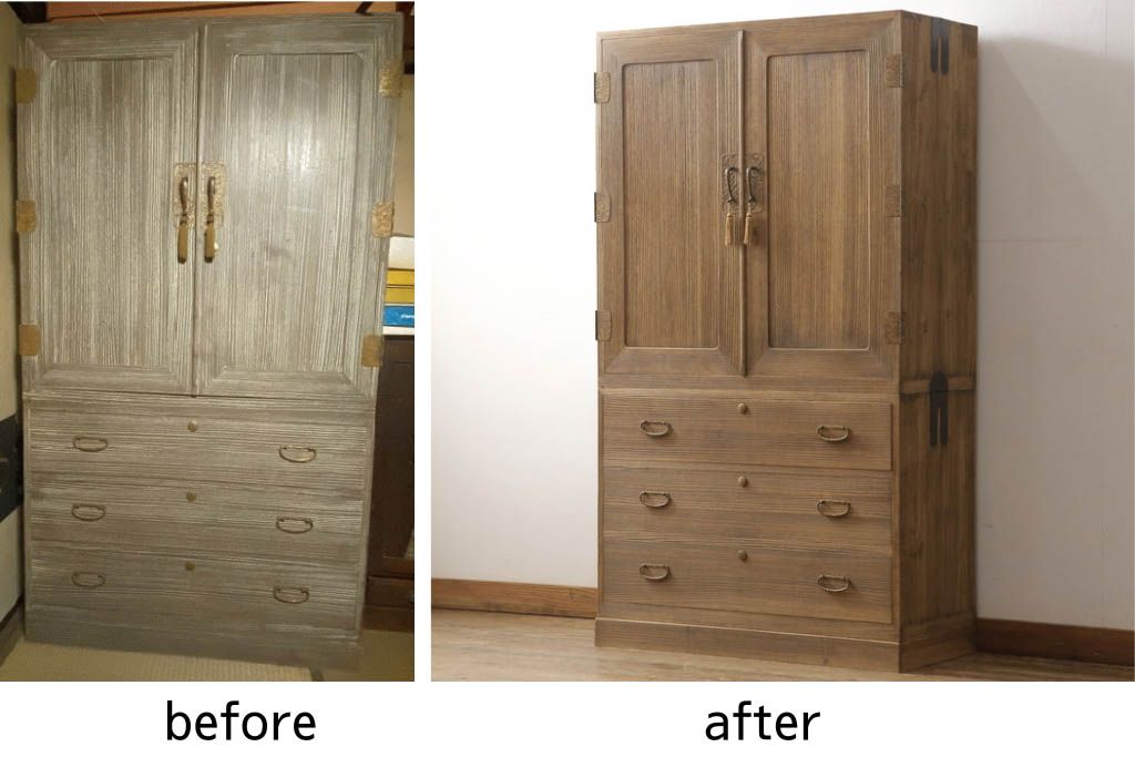 桐箪笥を綺麗に再生!洗浄し、ふさは新しいものに交換。木地色仕上げ。