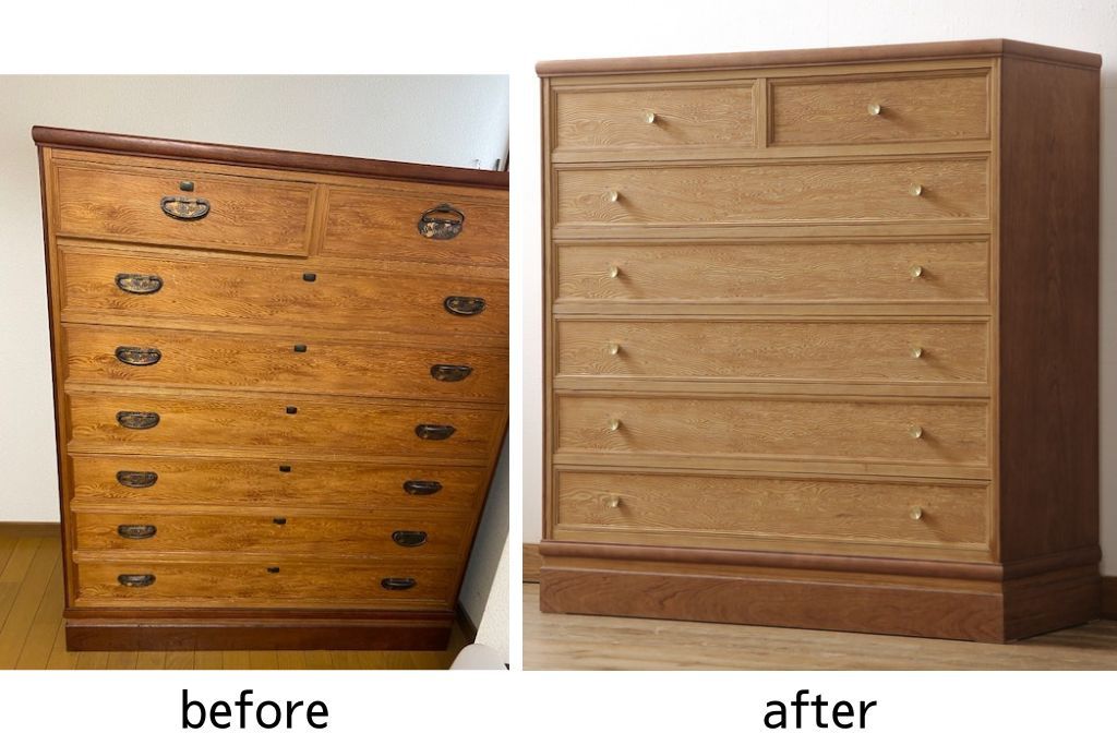 箪笥を使いやすくリメイク!引き出し1杯分の高さをリサイズし、引き出しの既存の取っ手・鍵金具を撤去。新たにつまみを取り付け、鍵穴は埋木処理。塗膜及び着色を剥離し、ワックスで仕上げ。