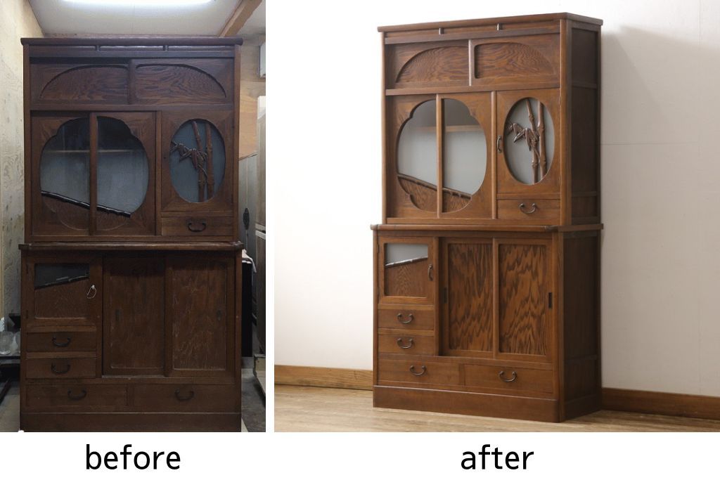 食器棚を綺麗に再生!高品質リペアを施し、棚板を作り替え。片開き戸の引手を取り替え、引き違い戸は取っ手を撤去し、引手を取り付け。濃茶色に塗装して仕上げ。