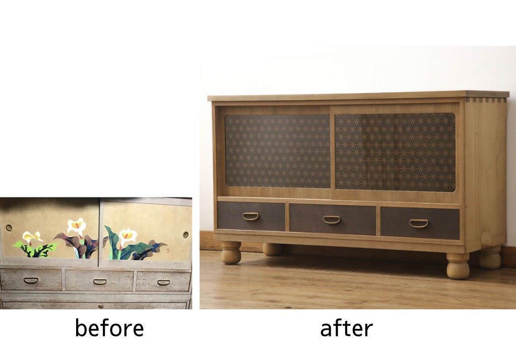 桐箪笥の上段をテレビボードにリメイク!引き戸には麻の葉柄の組子ガラスをはめ込み、天板と木製脚の取り付け。本体は木地色、引き出しと組子はチェスナット系でツートンカラーに着色仕上げ。