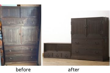 3段重ね桐箪笥をテレビボードと収納箪笥にリメイク!上段は天板を補強しテレビボードに。中段・下段は、観音扉の中に可動式タイプの棚板を設置。どちらもチェスナット系で着色仕上げ。