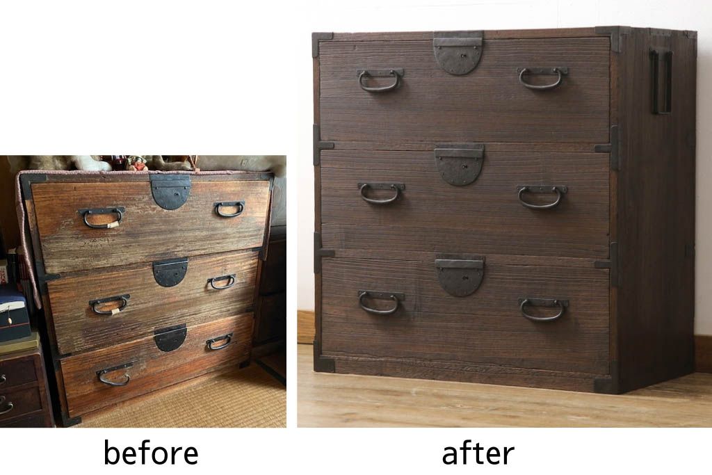 桐箪笥を綺麗に再生!欠損した金具の取り付けと、高品質リペア。チェスナット系で着色仕上げ。