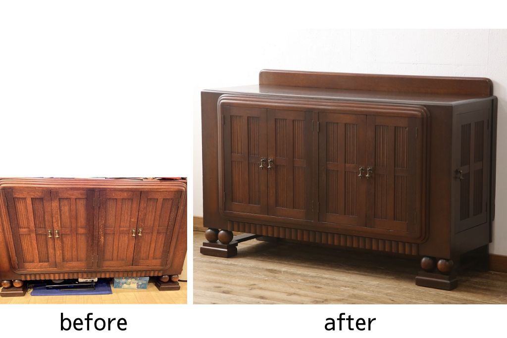 サイドボードを綺麗に再生!高品質リペアを施し、角の欠けは穴埋め、内部の引き出し上部の板を固定。元の色味に合わせて着色仕上げ。