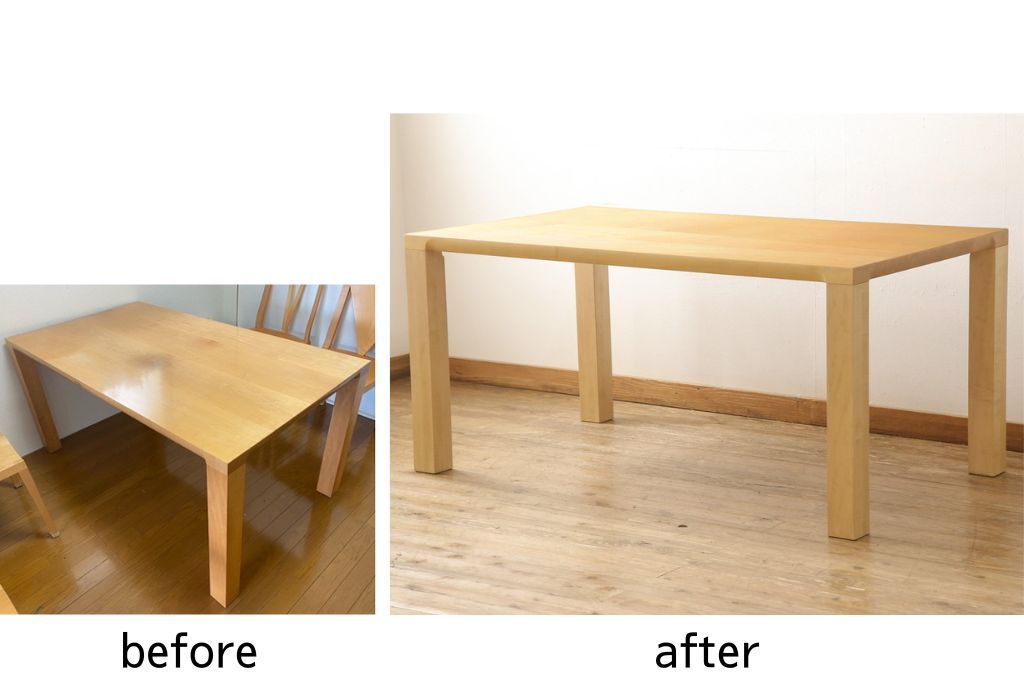 ダイニングテーブルをストリップド加工してリメイク!現状の塗膜、着色料を剥離し、ワックス仕上げ。