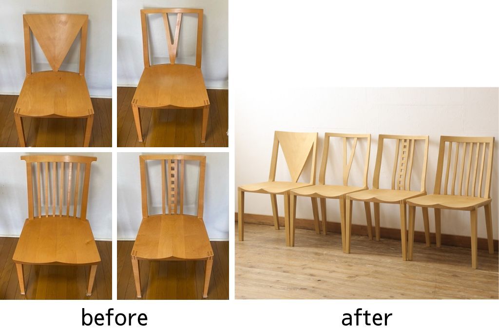 ダイニングチェア4脚をストリップド加工してリメイク!1脚の背もたれの耳をカットし、すべての椅子の座面前方を丸く面取り。現状の塗膜、着色料を剥離し、ワックス仕上げ。