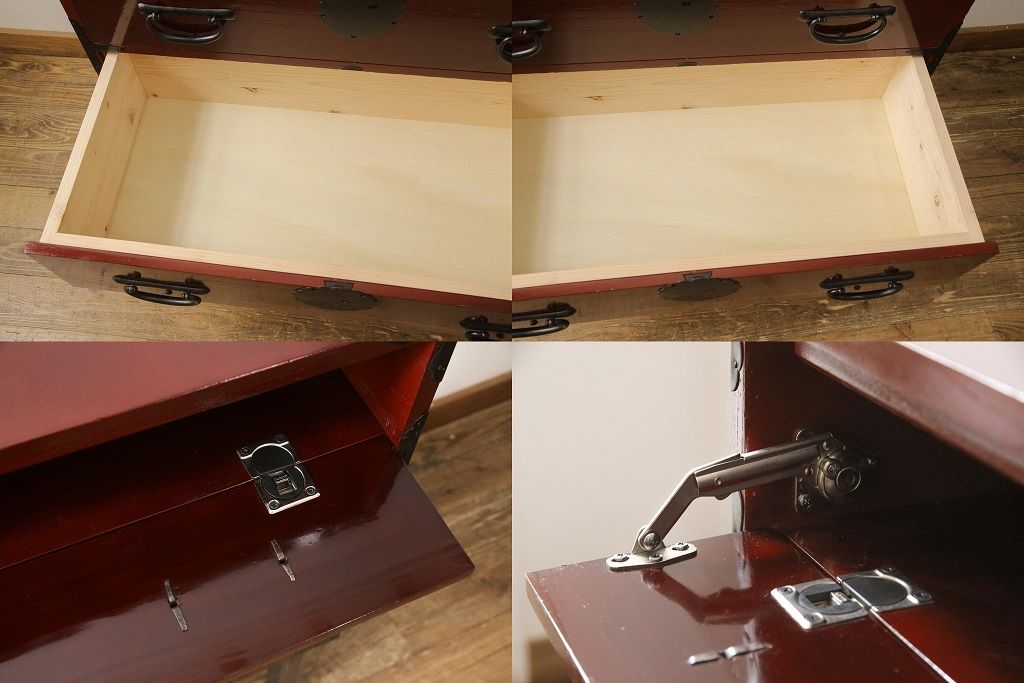 3段重ね桐箪笥の中段・下段を2つの脚付き箪笥にリメイク!中段は1段目をフラップダウン扉に変更。どちらも天板補強とガラス板を追加し、アイアン脚と引き出しにスライドレールを追加。カシュー塗料で仕上げ。