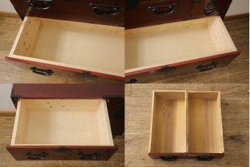 3段重ね桐箪笥の中段・下段を2つの脚付き箪笥にリメイク!中段は1段目をフラップダウン扉に変更。どちらも天板補強とガラス板を追加し、アイアン脚と引き出しにスライドレールを追加。カシュー塗料で仕上げ。