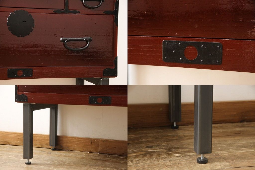 3段重ね桐箪笥の中段・下段を2つの脚付き箪笥にリメイク!中段は1段目をフラップダウン扉に変更。どちらも天板補強とガラス板を追加し、アイアン脚と引き出しにスライドレールを追加。カシュー塗料で仕上げ。